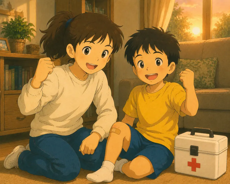 ばんそうこうを貼った弟と主人公が並んで笑顔でガッツポーズ