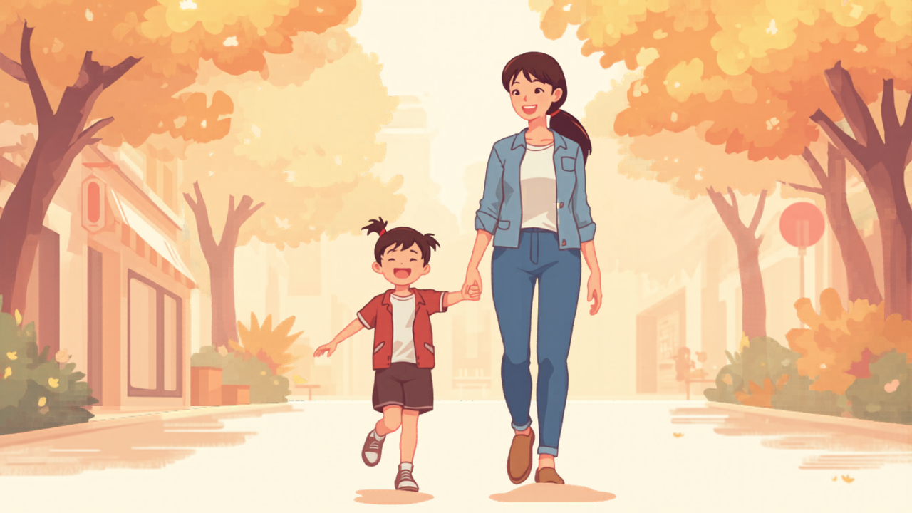 親子で手をつないで歩くイラスト